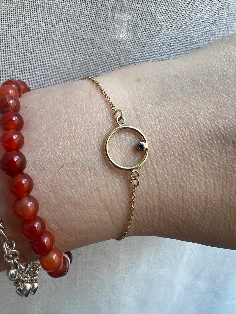 925 Sterling Silver Gold Circle Chain Bracelet with Black stone accent